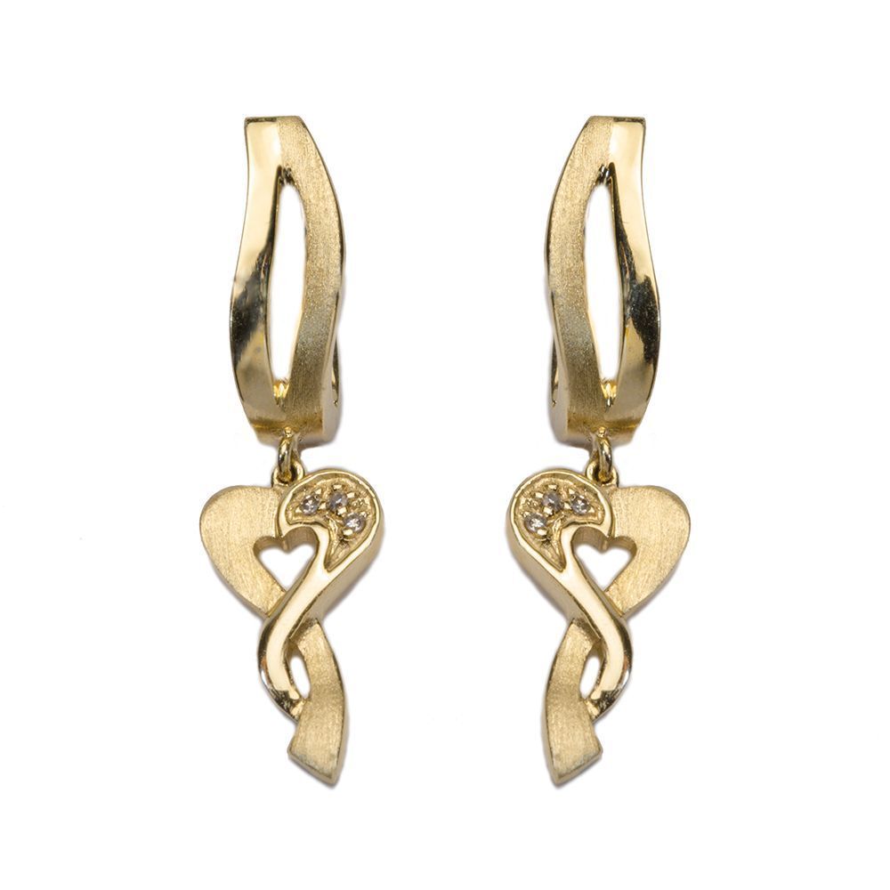 Brinco Cora��o Estilizado com Brilhantes em Ouro 18 Kilates - 23783